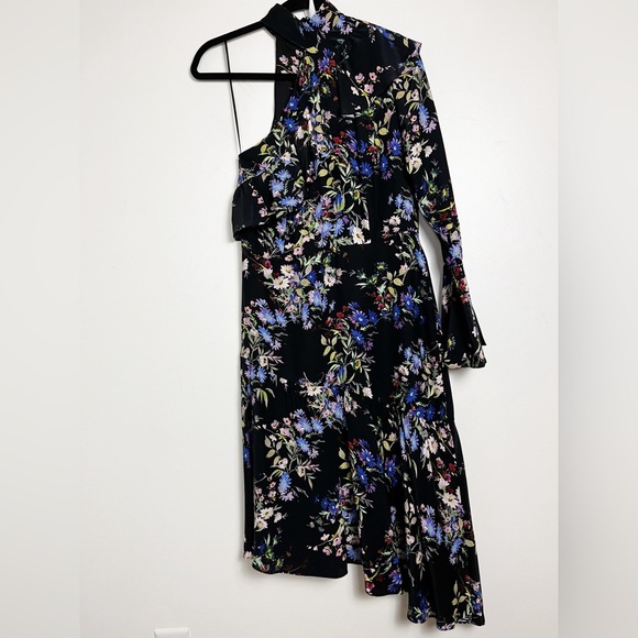 Parker One Sleeve Silk Black Asymmetric Ruffle Dress 6 Dark Floral Flounce - Picture 3 of 12